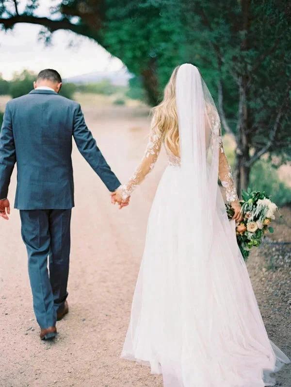 See Through Beaded Floral Lace Long Sleeve Boho Wedding Dresses MW269 by Musebridals