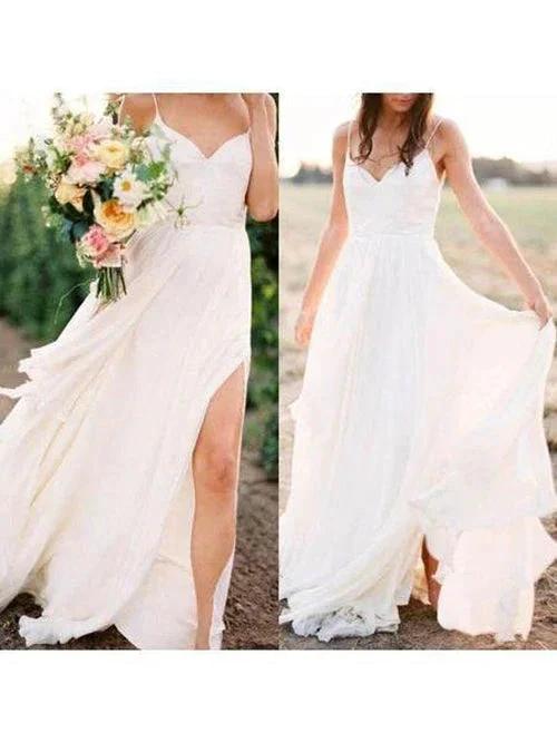 Simple Spaghetti Strap Summer Wedding Dresses with Slit MW286 by Musebridals