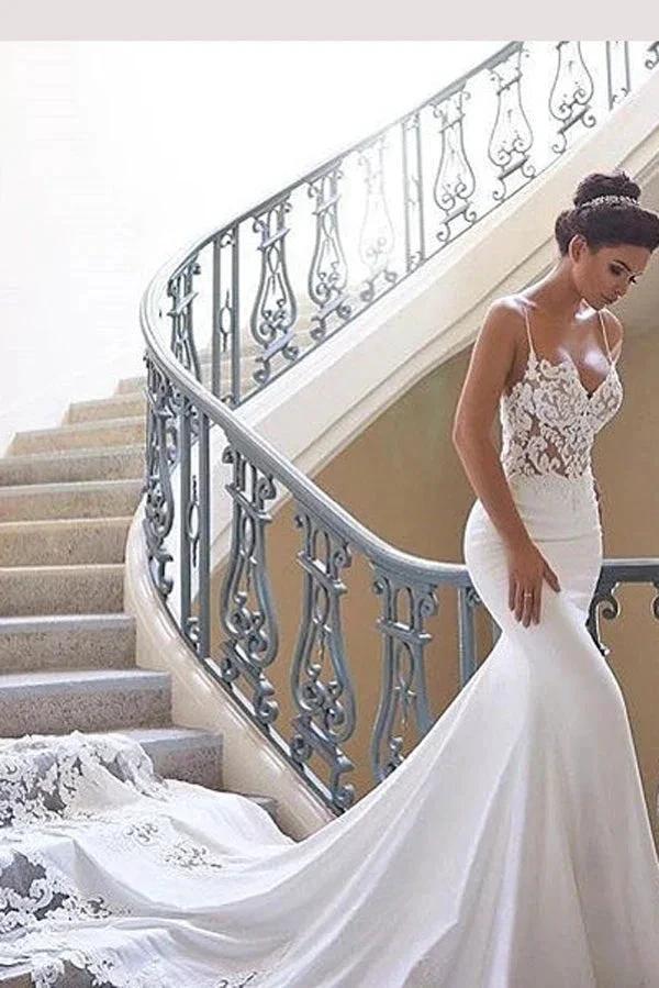 Glamorous Spaghetti-Straps Lace Wedding Dress Mermaid Bridal Gowns MW290 by Musebridals