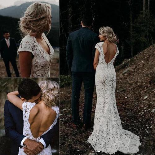 Charming Mermaid Lace Ivory Cap Sleeves Wedding Dresses Bridal Dresses MW481 by Musebridals