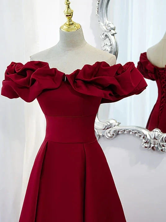 Burgundy A-Line Off Shoulder Satin Homecoming Dress Y2506 by simplepromdress