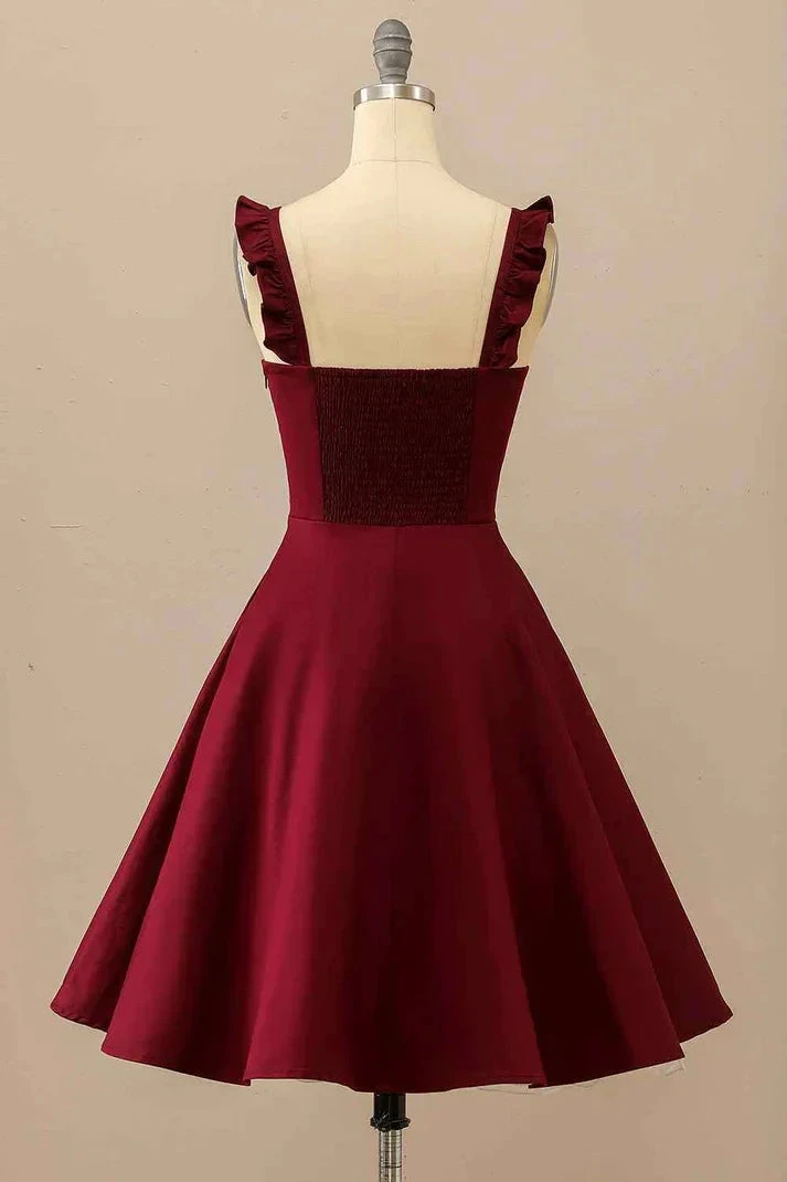 Burgundy A-line Ruffle Straps Satin Mini Homecoming Dress Y2176 by simplepromdress