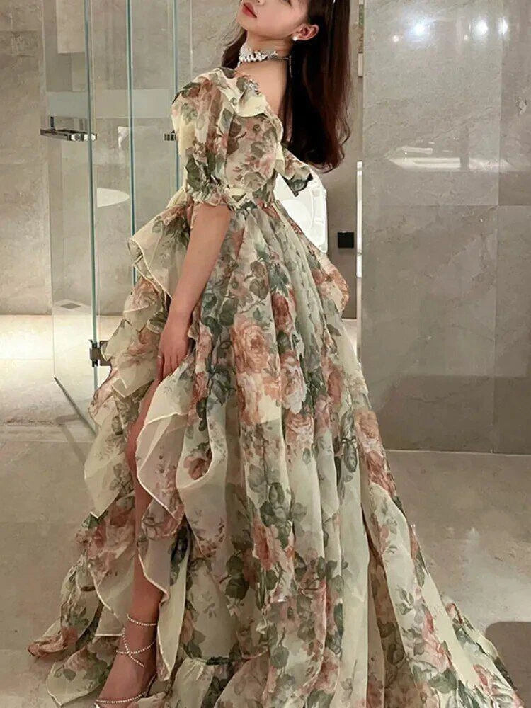 Robe vintage à fleurs imprimées, fente ouverte, robe de soirée élégante, manches bouffantes, douce féminine, nouveau Y6911