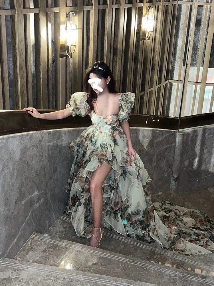 Robe vintage à fleurs imprimées, fente ouverte, robe de soirée élégante, manches bouffantes, douce féminine, nouveau Y6911