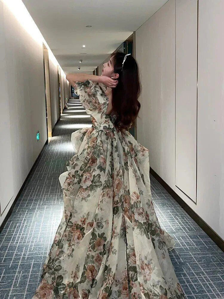 Robe vintage à fleurs imprimées, fente ouverte, robe de soirée élégante, manches bouffantes, douce féminine, nouveau Y6911