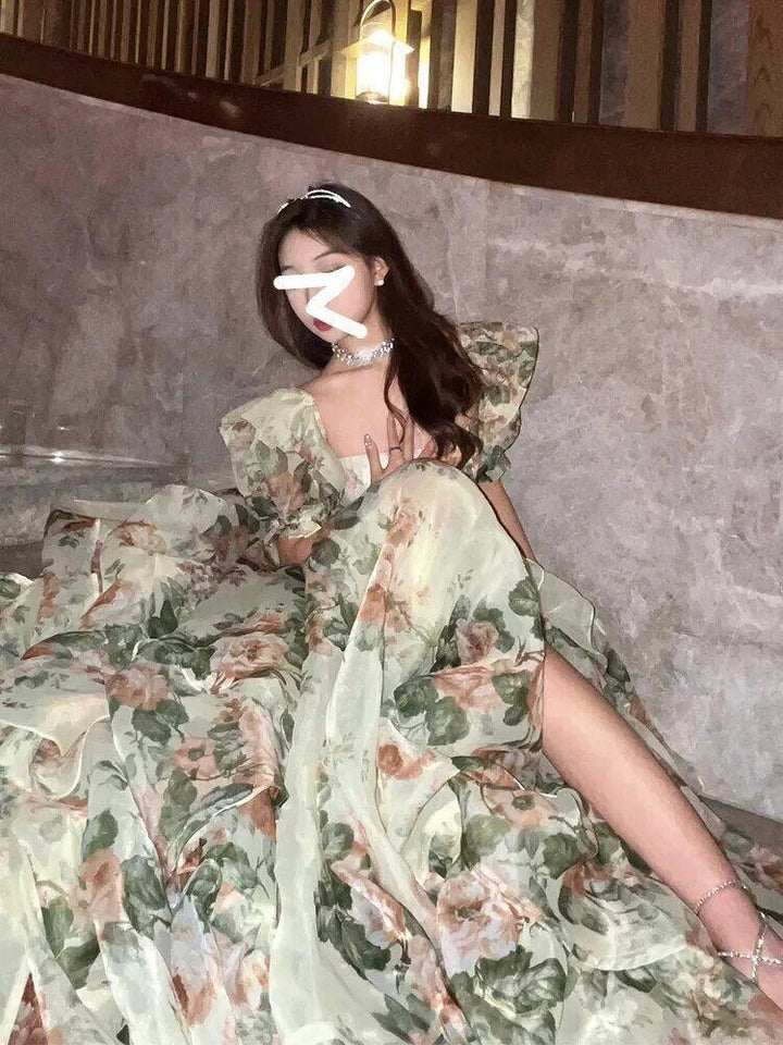 Robe vintage à fleurs imprimées, fente ouverte, robe de soirée élégante, manches bouffantes, douce féminine, nouveau Y6911