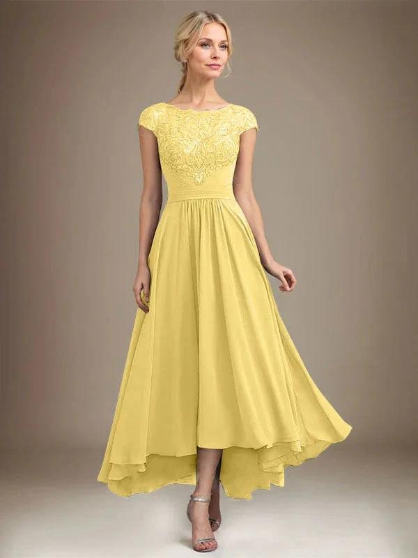 A-line Scoop Illusion Asymmetrical Lace Chiffon Mother of the Bride Dress With Pleated by Dreamylily