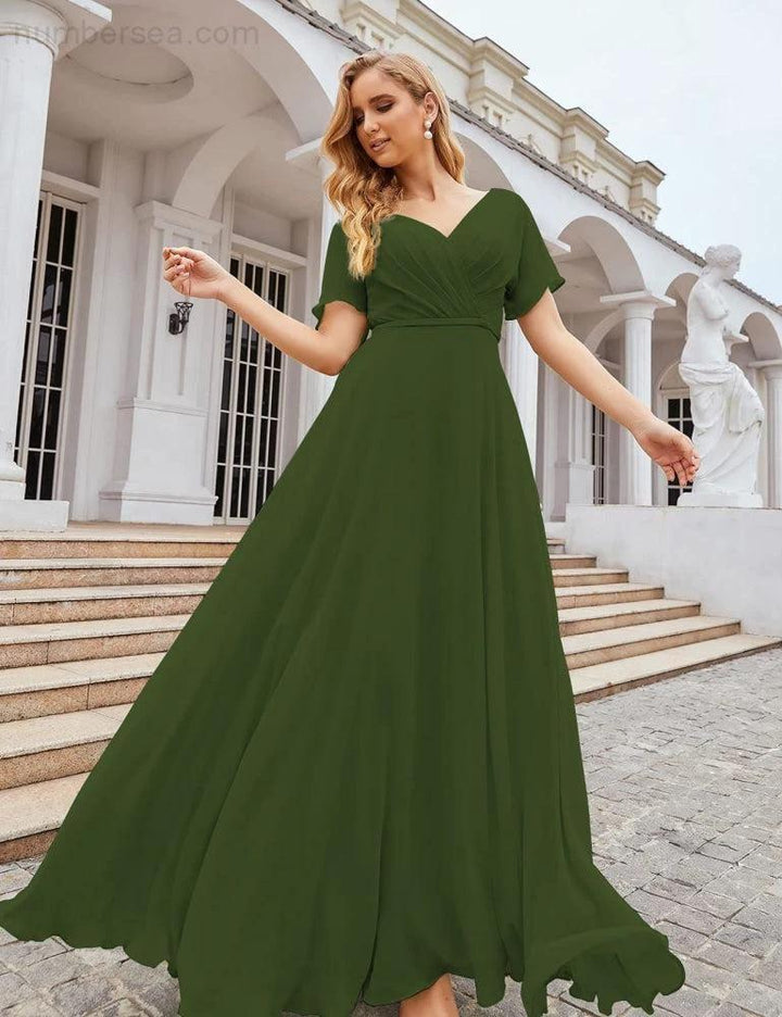 Numbersea Wrap V-Neck Chiffon Bridesmaid Dresses Long Formal Maxi Evening Gown for Wedding Guests SEA28049 by numbersea
