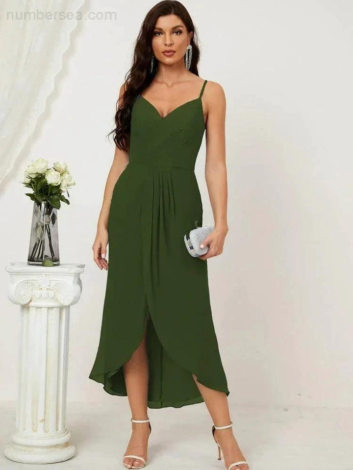 Numbersea Spaghetti Chiffon V Neck Bridesmaid Dress Mid-Length Slit Formal Prom Dress Homecoming Dress 2803 by numbersea