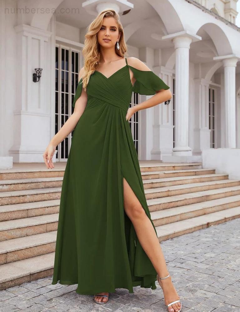 Numbersea Chiffon Cold Shoulder Long Bridesmaid Dresses Plus Size Formal Prom Gowns for Women Party Wedding SEA28070 by numbersea