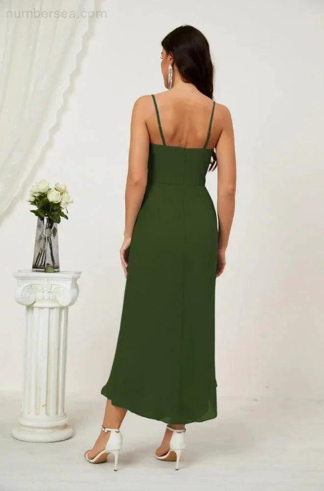 Numbersea Spaghetti Chiffon V Neck Bridesmaid Dress Mid-Length Slit Formal Prom Dress Homecoming Dress 2803 by numbersea