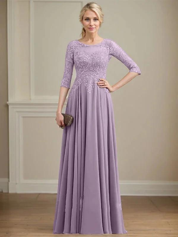 A-line Scoop Illusion Floor-Length Lace Chiffon Mother of the Bride Dress With Sequins by Dreamylily