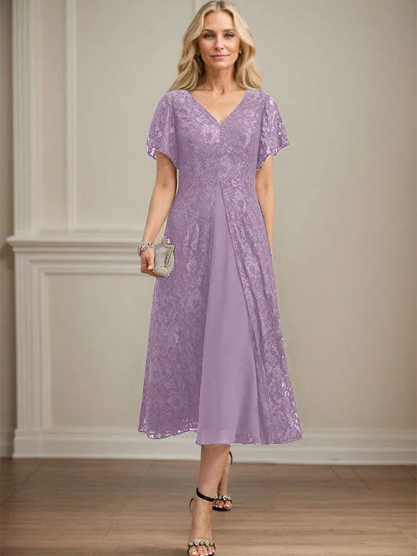 A-line V-Neck Tea-Length Lace Chiffon Mother of the Bride Dress by Dreamylily