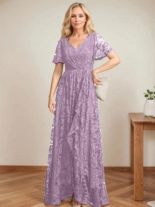A-Line V-Neck Asymmetrical Lace Mother of the Bride Dress With Cascading Ruffles by Dreamylily