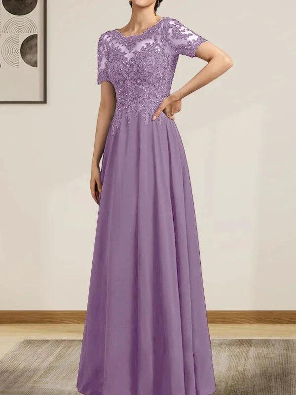 A-line Scoop Illusion Floor-Length Chiffon Lace Mother of the Bride Dress With Sequins Beading by Dreamylily