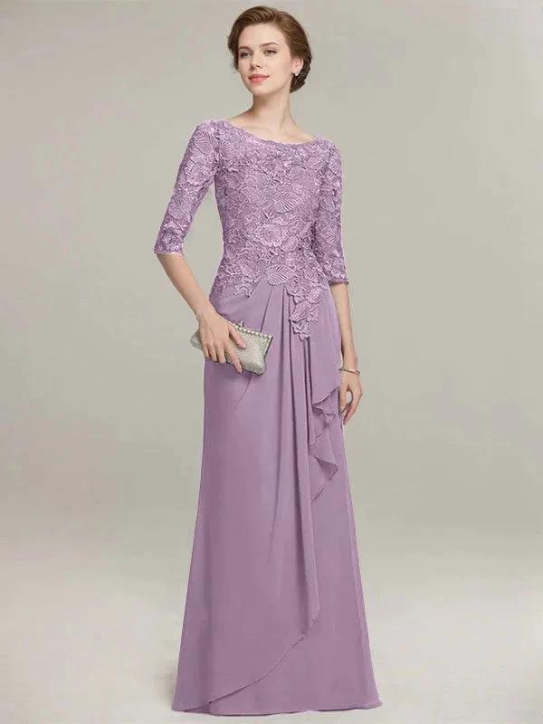 A-line Scoop Illusion Floor-Length Lace Chiffon Mother of the Bride Dress With Cascading Ruffles by Dreamylily