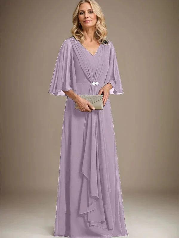 A-line V-Neck Floor-Length Chiffon Mother of the Bride Dress With Cascading Ruffles Crystal Brooch by Dreamylily