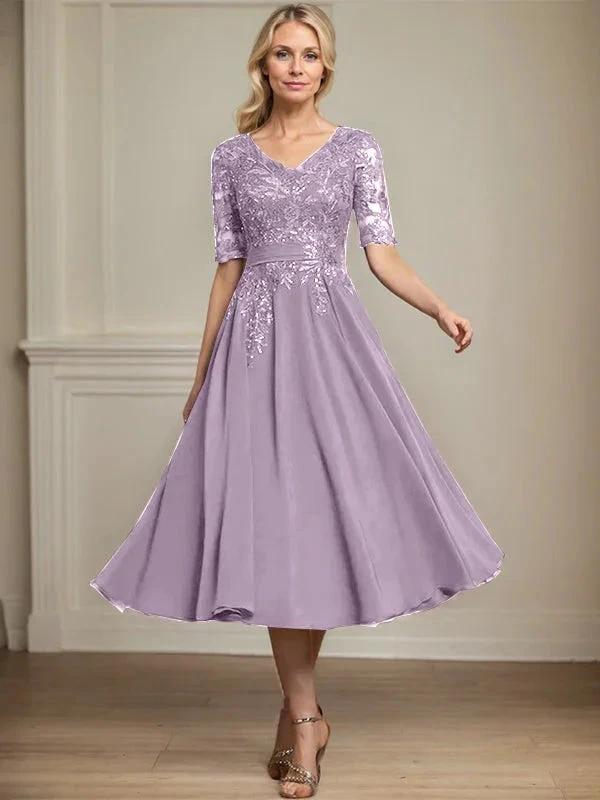 A-line V-Neck Tea-Length Lace Chiffon Mother of the Bride Dress With Sequins by Dreamylily