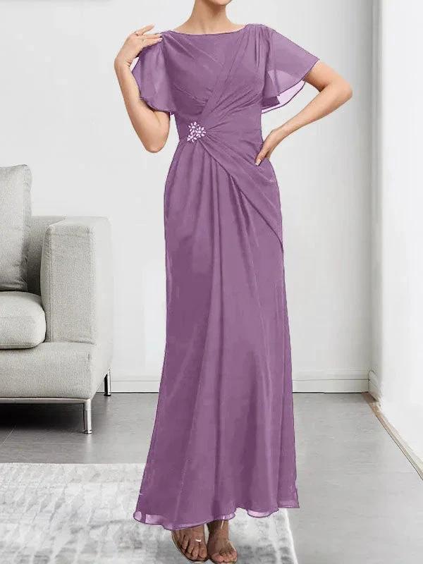 A-line Scoop Ankle-Length Chiffon Mother of the Bride Dress With Beading Pleated by Dreamylily