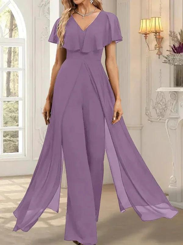 Jumpsuit/Pantsuit V-Neck Floor-Length Chiffon Evening Dress by Dreamylily