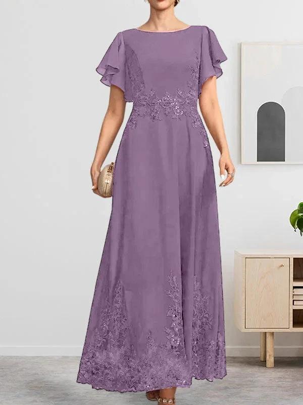 A-line Scoop Ankle-Length Lace Chiffon Mother of the Bride Dress With Sequins by Dreamylily