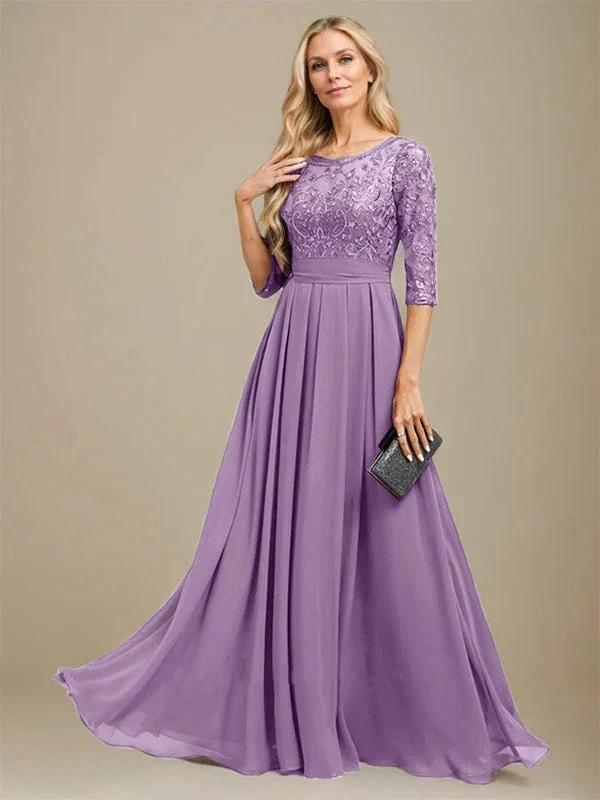 A-Line Scoop Floor-Length Lace Chiffon Mother Of the Bride Dress With Sequins Applique by Dreamylily