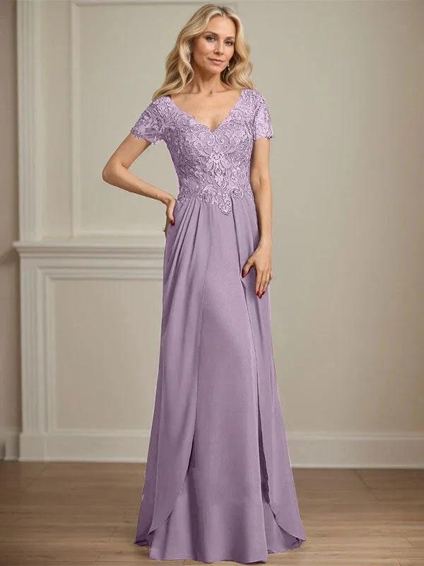 A-line V-Neck Floor-Length Chiffon Lace Mother of the Bride Dress by Dreamylily