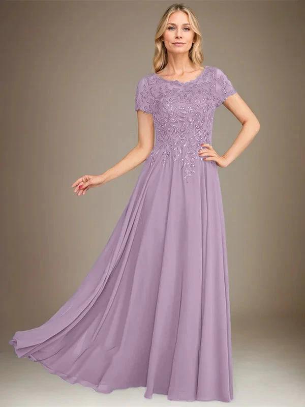 A-Line Scoop Floor-Length Chiffon Mother of the Bride Dress With Applique &amp; Sequins by Dreamylily