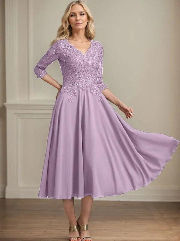 A-line V-Neck Tea-Length Chiffon Lace Mother of the Bride Dress With Beading Sequins by Dreamylily