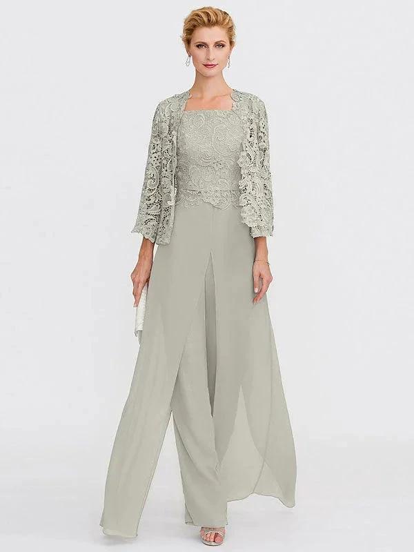 3 Piece Chiffon Square Neck Mother of the Bride Pantsuits with Jacket by Dreamylily
