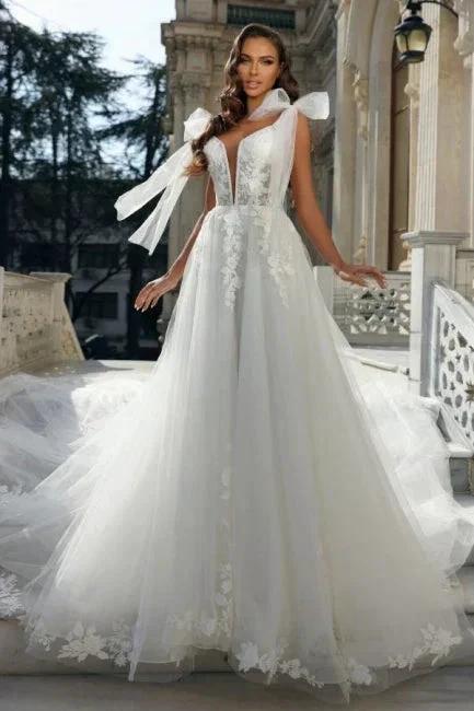 Mermaid Ball Gown Chiffon V-Neck Wedding Dress with Appliques by misshow.com