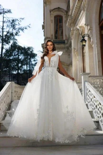 Mermaid Ball Gown Chiffon V-Neck Wedding Dress with Appliques by misshow.com
