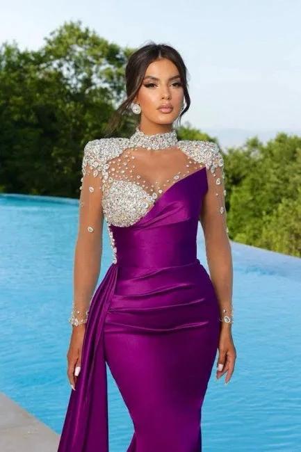 Mermaid Floor-Length High Neck Long Sleeves Beadings Stain Prom Dress with Ruffles by misshow.com