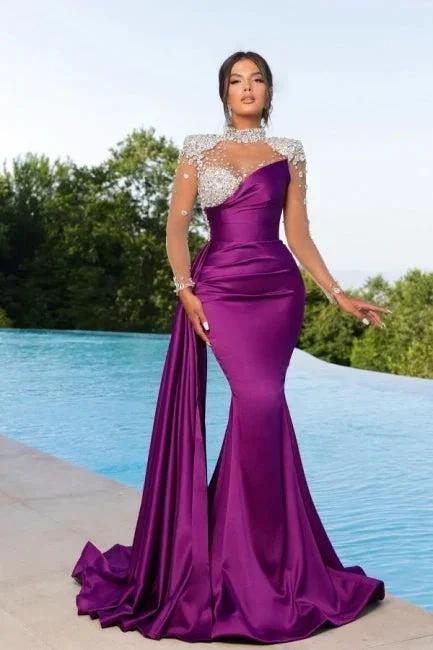Mermaid Floor-Length High Neck Long Sleeves Beadings Stain Prom Dress with Ruffles by misshow.com
