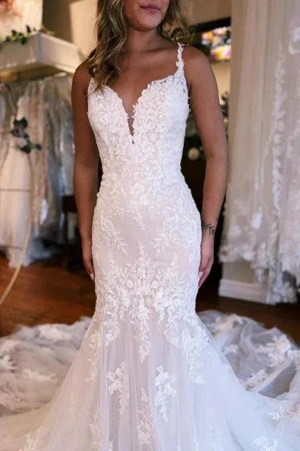 Mermaid Floor-Length Spaghetti Straps Sweetheart Tulle Wedding Dresses with Appliques by misshow.com