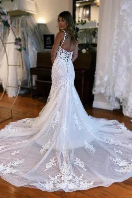 Mermaid Floor-Length Spaghetti Straps Sweetheart Tulle Wedding Dresses with Appliques by misshow.com