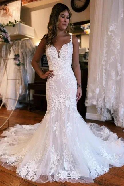 Mermaid Floor-Length Spaghetti Straps Sweetheart Tulle Wedding Dresses with Appliques by misshow.com