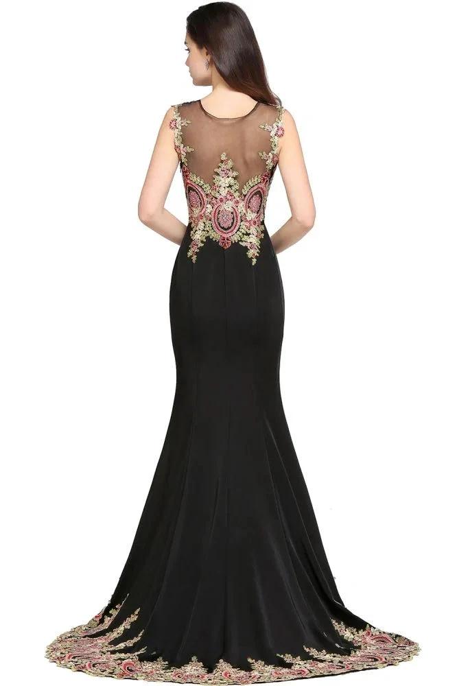 Mermaid Sweep Train Black Sleeveless Evening Dresses with Appliques by misshow.com