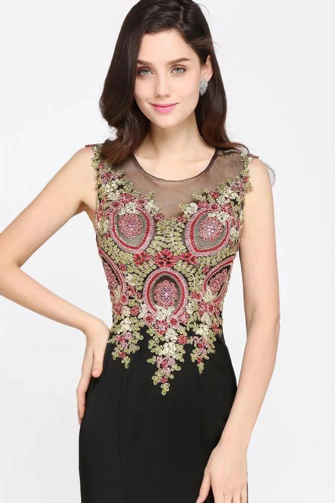 Mermaid Sweep Train Black Sleeveless Evening Dresses with Appliques by misshow.com