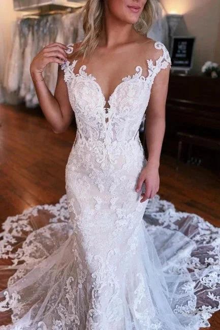 Mermaid Sweetheart Off-The-Shoulder Tulle Wedding Dresses with Lace by misshow.com