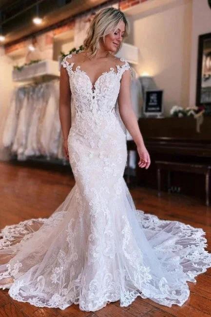 Mermaid Sweetheart Off-The-Shoulder Tulle Wedding Dresses with Lace by misshow.com