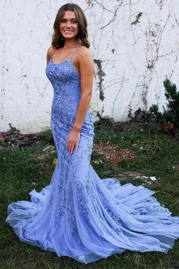 Mermaid Backless Blue Lace Long Prom Dresses Formal Dresses PSK424 by pgmdress
