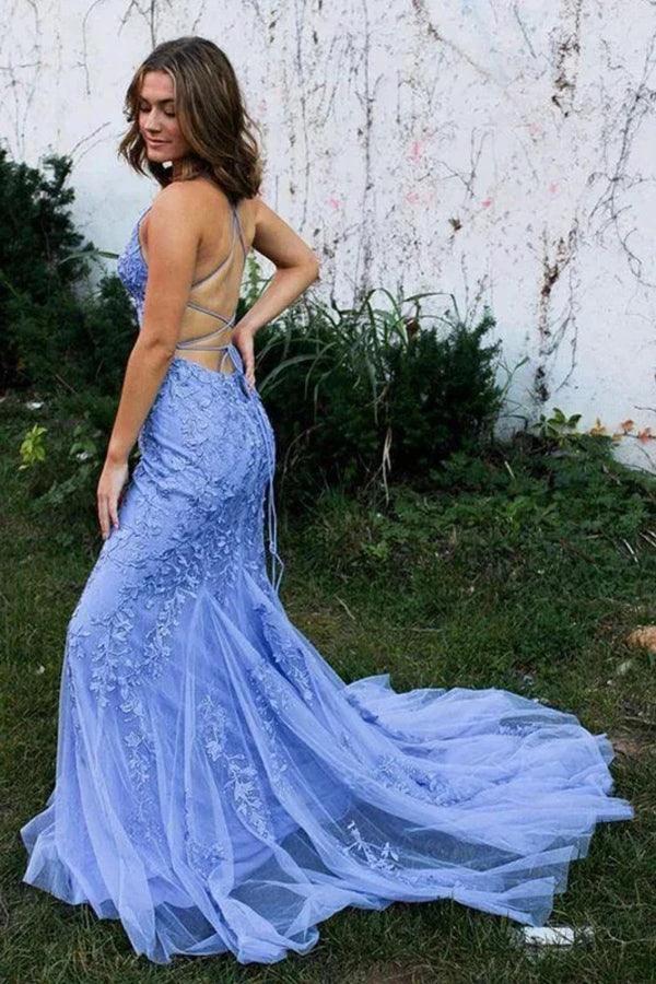 Mermaid Backless Blue Lace Long Prom Dresses Formal Dresses PSK424 by pgmdress