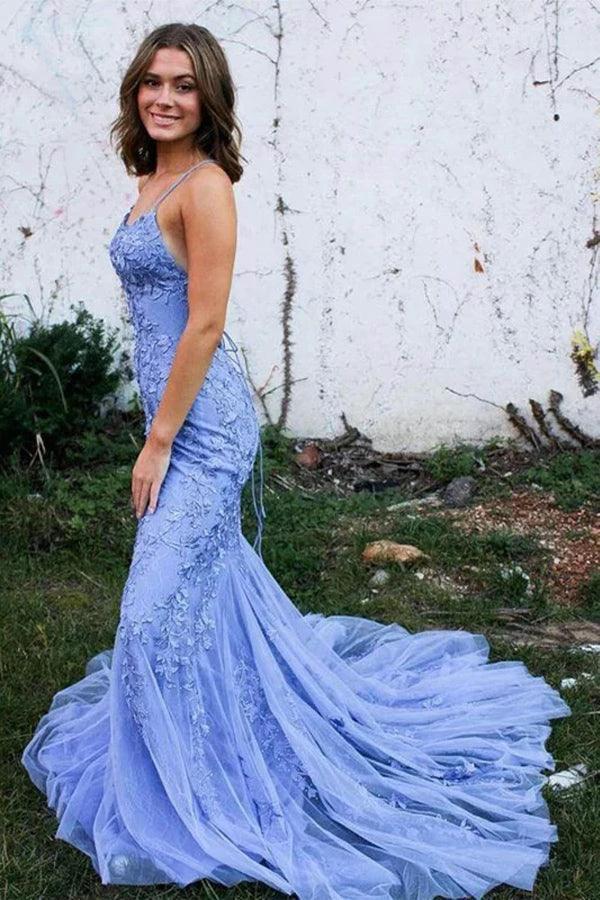 Mermaid Backless Blue Lace Long Prom Dresses Formal Dresses PSK424 by pgmdress