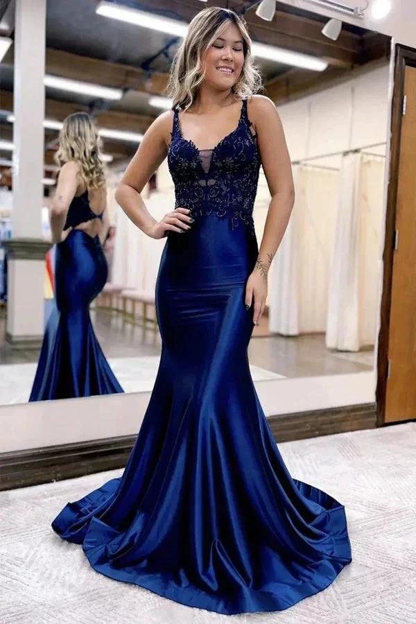 Mermaid Deep V Neck Satin Navy Blue Prom Dress with Appliques PSK557 by pgmdress