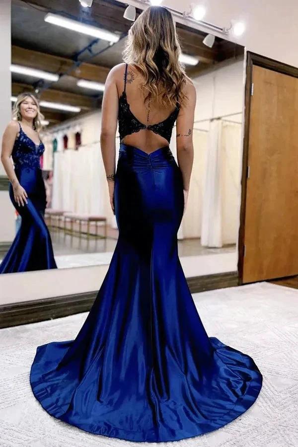 Mermaid Deep V Neck Satin Navy Blue Prom Dress with Appliques PSK557 by pgmdress