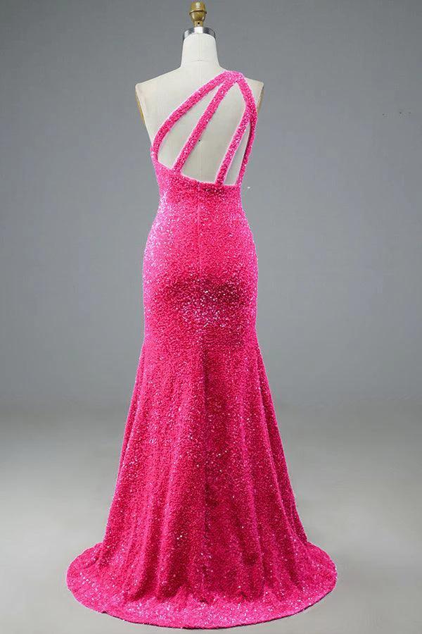 Mermaid Glitter One-Shoulder Backless Prom Dress With Sequins PSK386 by pgmdress
