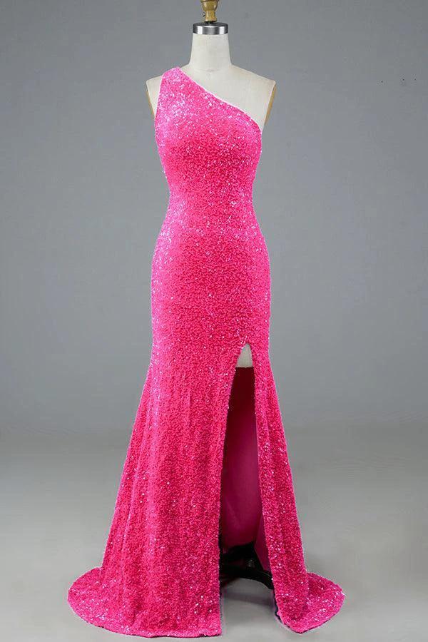 Mermaid Glitter One-Shoulder Backless Prom Dress With Sequins PSK386 by pgmdress