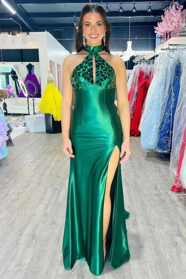 Mermaid Halter Satin Dark Green Long Prom Dress with Beads PSK601 by pgmdress