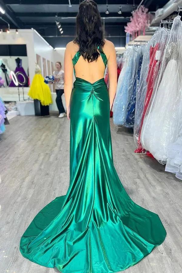 Mermaid Halter Satin Dark Green Long Prom Dress with Beads PSK601 by pgmdress